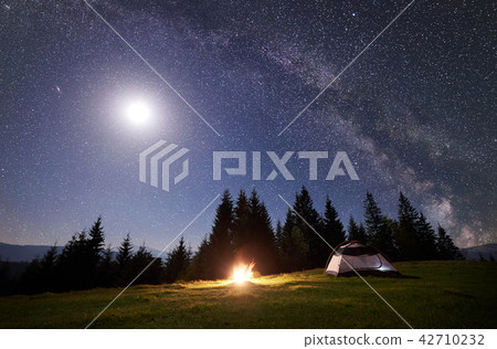 Night Camping In Mountains Tourist Tent By Stock Photo