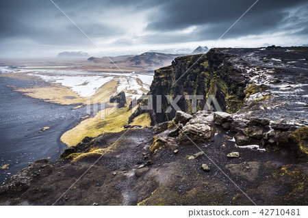Scenic Icelandic landscape, black sand beach 42710481