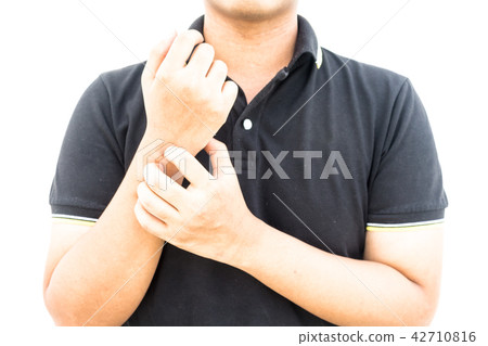 Man scratching allergic skin isolated on white Man scratching allergic skin isolated on white 42710816
