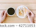 Sandwich with coffee cup on wooden table 42711053