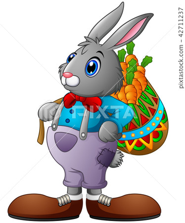 圖庫插圖: cartoon rabbit carrying a basket full of carrots