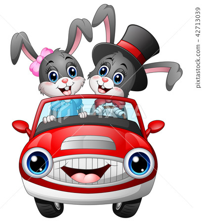 Romantic couples cartoon rabbit driving a car Romantic couples cartoon rabbit driving a car 42713039