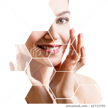 Beautiful female face in honeycombs. Spa and face lifting concept. 42713795