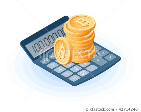 The pile of bitcoins on the calculator. The pile of bitcoins on the calculator. 42714240