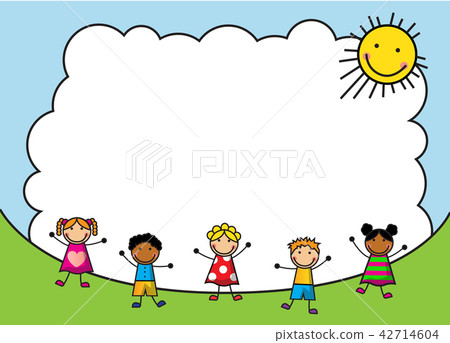 Cartoon kids jumping on meadow against the sky  42714604