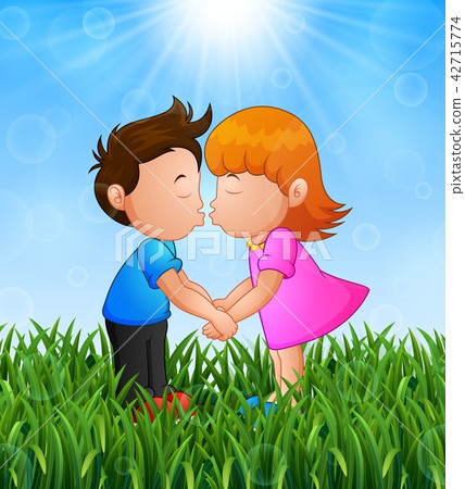 Cartoon little boy and girl kissing in the grass - Stock Illustration  [42715774] - PIXTA