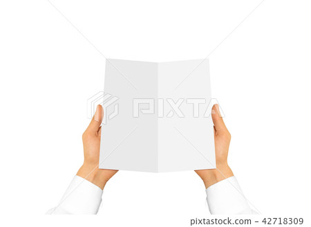 Hand in white shirt sleeve holding blank leaflet 42718309