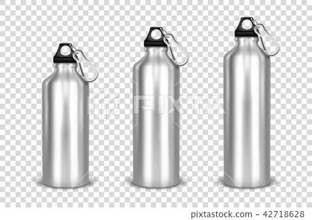 Vector realistic 3d different size - small, medium, large - silver empty glossy metal water bottle Vector realistic 3d different size - small, medium, large - silver empty glossy metal water bottle 42718628