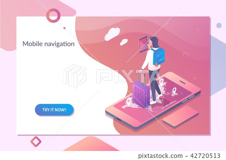 Smartphone with mobile navigation app on screen. Online Navigation template in isometric vector Smartphone with mobile navigation app on screen. Online Navigation template in isometric vector 42720513