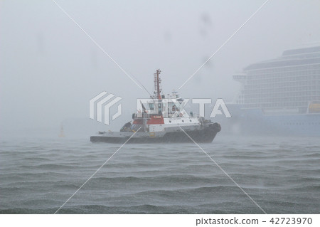 storm on the sea with rain downpour 42723970