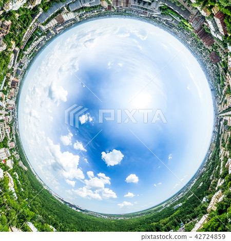 Aerial city view with crossroads and roads, houses, buildings, parks and parking lots. Sunny summer Aerial city view with crossroads and roads, houses, buildings, parks and parking lots. Sunny summer 42724859