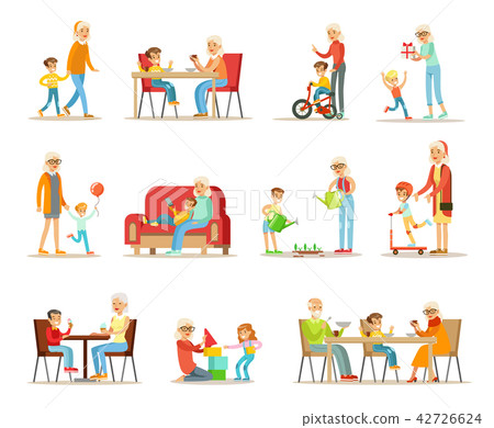 Grandparent spending time with grandchildren set, grandma and grandpa playing, walking, reading Grandparent spending time with grandchildren set, grandma and grandpa playing, walking, reading 42726624