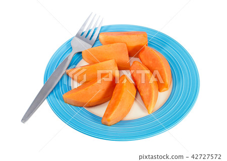 papaya fruit in blue disc with white background 42727572