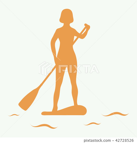 Female silhouette on stand up paddle board SUP. 42728526