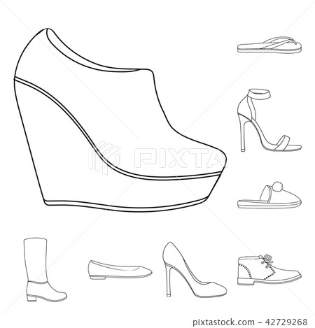 A variety of shoes outline icons in set collection for design. Boot, sneakers vector symbol stock A variety of shoes outline icons in set collection for design. Boot, sneakers vector symbol stock 42729268