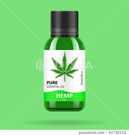 Realistic green glass bottle with cannabis. Mock up of hemp oil extracts, tablets or capsules in 42730318