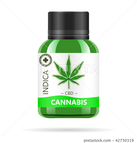 Realistic green glass bottle with cannabis. Mock up of hemp oil extracts, tablets or capsules in 42730319