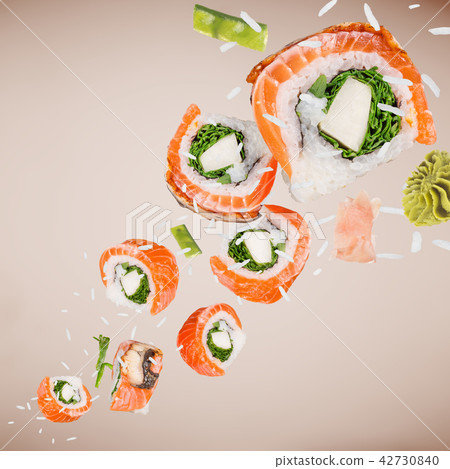 Pieces of delicious japanese sushi frozen in the air. 42730840