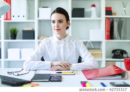 A young girl is sitting at the computer desk in the office. 42735317