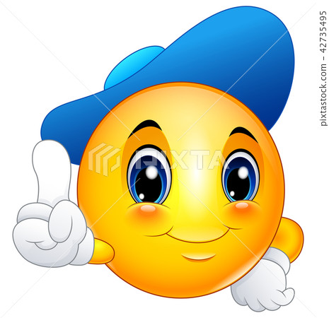 Cartoon emoticon smiley wearing a cap and pointing Cartoon emoticon smiley wearing a cap and pointing 42735495