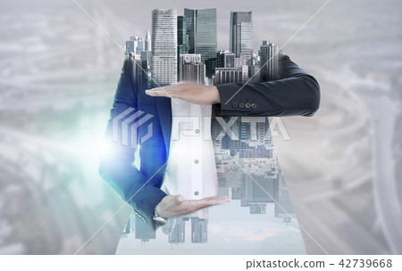 Surreal businessman open hand for your text. 42739668