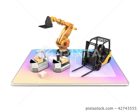Image of industrial robot, AGV, forklift on digital tablet. Concept of factory automation 42743555