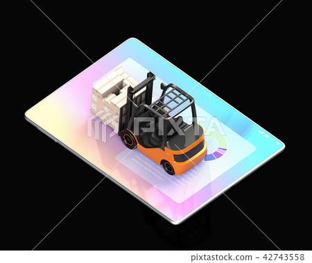 電動鏟車的等量圖像在數字式片劑的。工廠自動化的概念 42743558