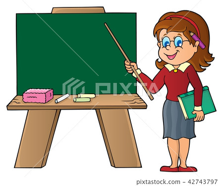 Woman teacher standing by schoolboard Woman teacher standing by schoolboard 42743797