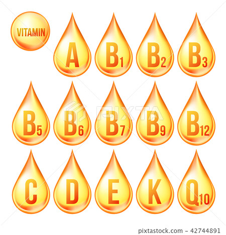Vitamin Icons Set Vector. Organic Vitamin Gold Drop Icon. Droplet, Golden Substance. 3D Complex With 42744891