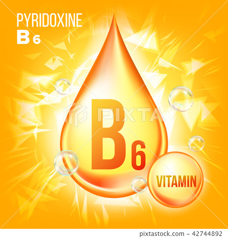 Vitamin B6 Pyridoxine Vector. Vitamin Gold Oil Drop Icon.Organic Gold Droplet Icon. For Beauty 42744892