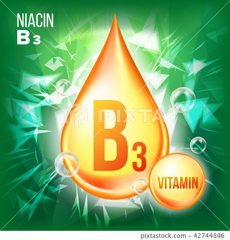 Vitamin B3 Niacin Vector. Gold Oil Drop Icon. Organic Gold Droplet Icon. Medicine Liquid, Golden 42744896