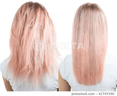 Blonde hair before and after treatment. 42745590