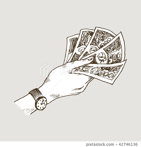 Doodle icons of hand holds banknotes isolated on background. Money euro, dollar. Symbols of 42746136