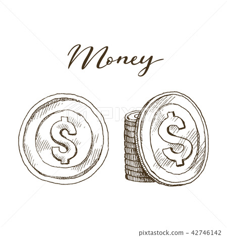Doodle icons of coins on the isolated white background. Money dollar. Symbols of currencies in hand 42746142