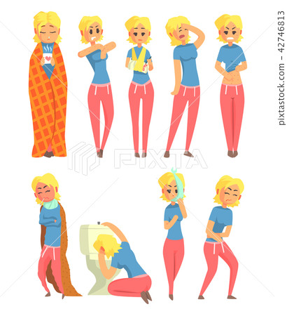 Sick girl characters set, woman suffering from different symptoms vector Illustrations on a white 42746813