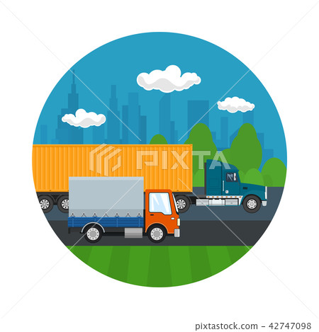 trucks are driving along the road 42747098