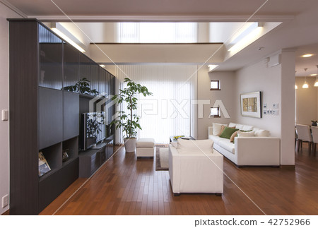 Living room with storage furniture, bright living room, chic room, white sofa 42752966