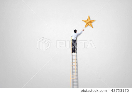 businessman climb up on ladder to reach star, succ 42753170