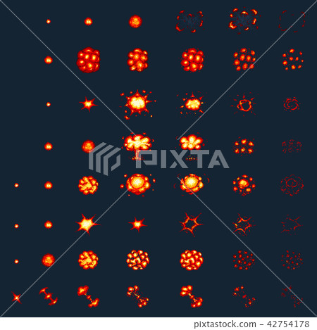 Pixel art explosions. game icons set. Comic boom flame effects for emotion. 8-Bit Vector. Bang burst 42754178