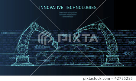 Low poly robotic arm assembly car automation technology. Industrial business factory robot machine Low poly robotic arm assembly car automation technology. Industrial business factory robot machine 42755255