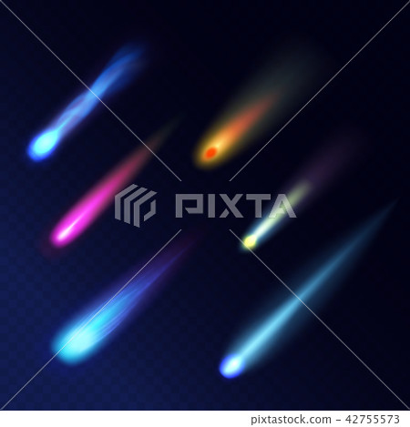 Realistic Detailed 3d Meteorites Comets Different Colors Light Effect Set. Vector Realistic Detailed 3d Meteorites Comets Different Colors Light Effect Set. Vector 42755573