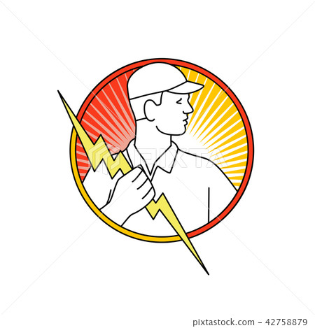 Electrician Holding Lightning Bolt Circle Monoline Electrician Holding Lightning Bolt Circle Monoline 42758879