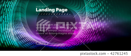 Neon glowing techno lines, hi-tech futuristic abstract background template with circles, landing 42761245