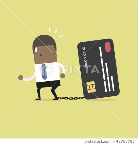 Businessman with foot chained to bank credit card. Businessman with foot chained to bank credit card. 42765795
