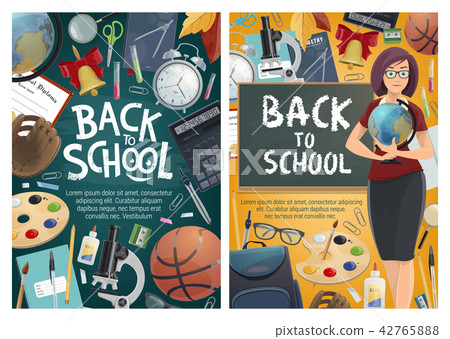 Back to school posters with teacher and stationery Back to school posters with teacher and stationery 42765888