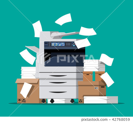 Pile of paper documents and printer 42768059