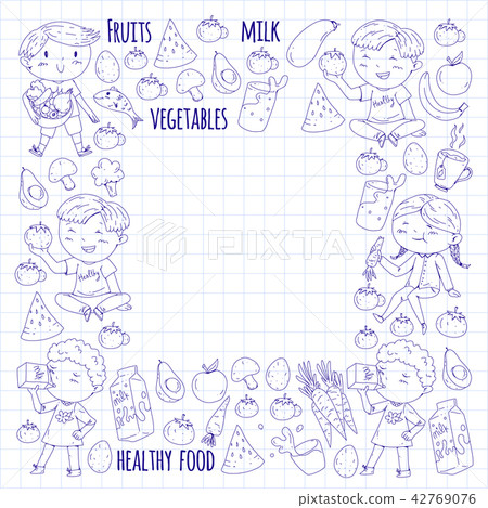 Healthy food for children. Kindergarten, school kids eating watermelon, eggplant, fish, tomato Healthy food for children. Kindergarten, school kids eating watermelon, eggplant, fish, tomato 42769076