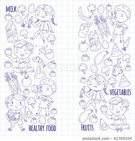 Healthy food for children. Kindergarten, school kids eating watermelon, eggplant, fish, tomato Healthy food for children. Kindergarten, school kids eating watermelon, eggplant, fish, tomato 42769104