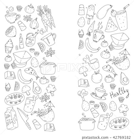 Pattern with healthy food. Cooking class, menu elements for restaurant, cafe. Milk, ice cream, fish 42769182