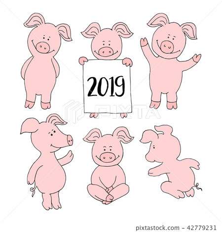 Pig collection set. Set banner happy new year greeting card. Cut Pig collection set. Set banner happy new year greeting card. Cut 42779231